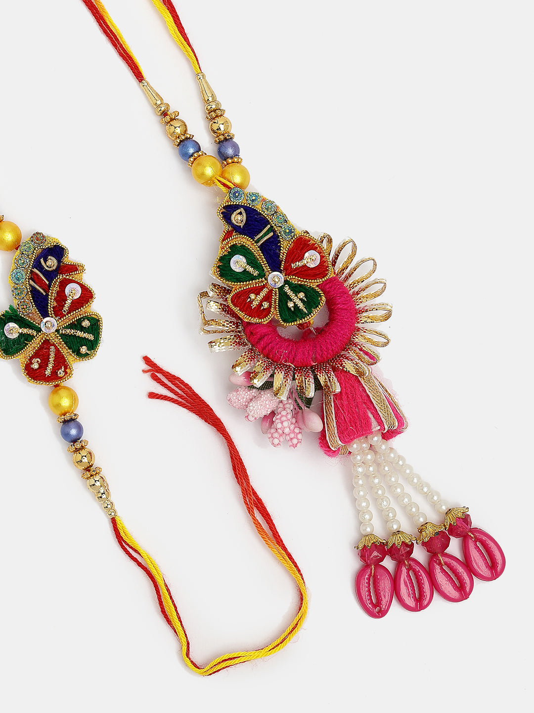 Set Of 2 Multicolor Thread Work & Beaded Bhaiya Bhabhi Rakhi With Roli Chawal
