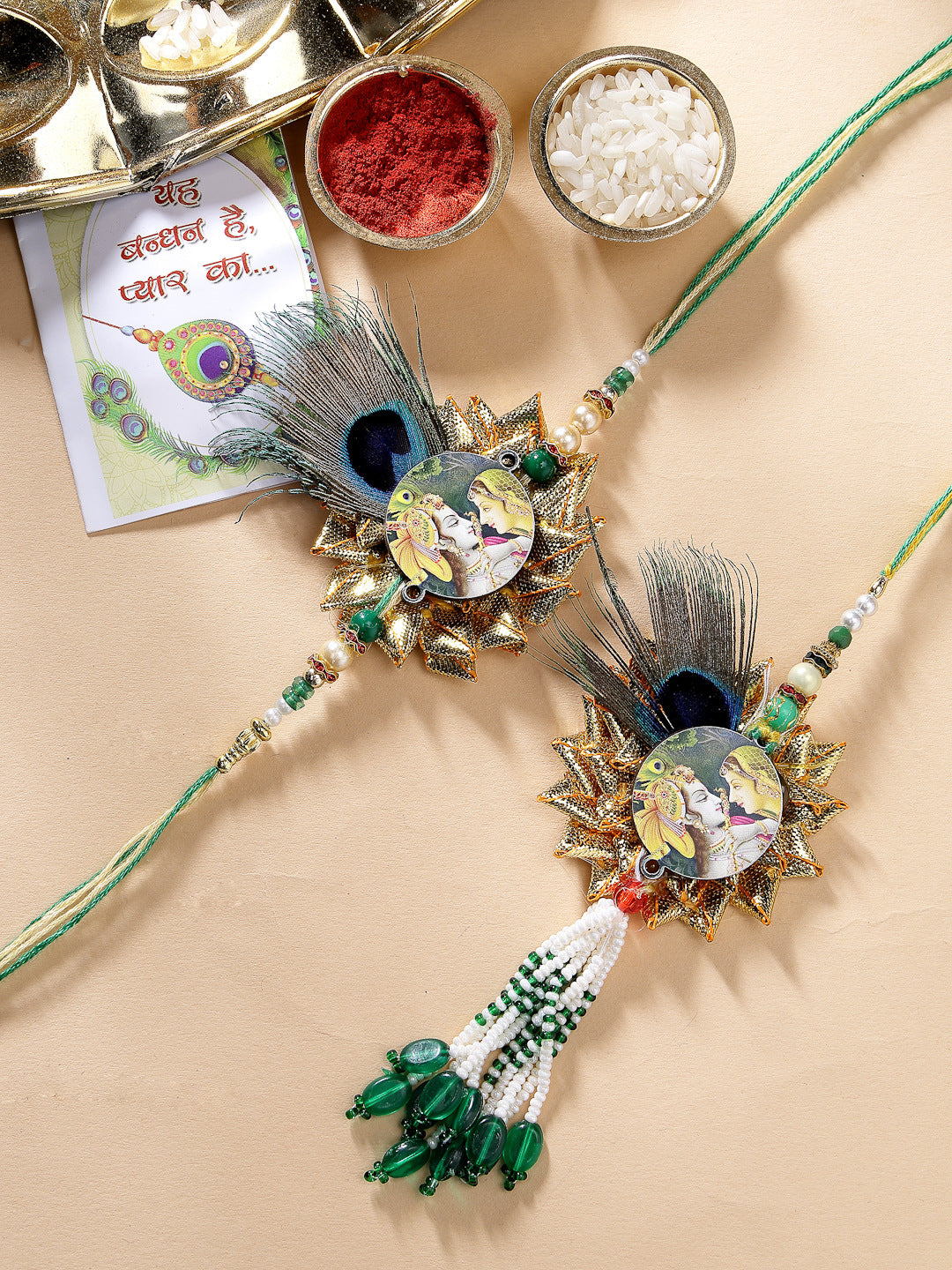 Set Of 2 Green Radha Krishna Beaded Bhaiya Bhabhi Rakhi With Roli Chawal & Chocolate
