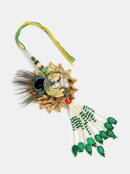 Set Of 2 Green Radha Krishna Beaded Bhaiya Bhabhi Rakhi With Roli Chawal & Chocolate