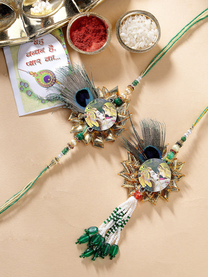 Set Of 2 Green Radha Krishna Beaded Bhaiya Bhabhi Rakhi With Roli Chawal