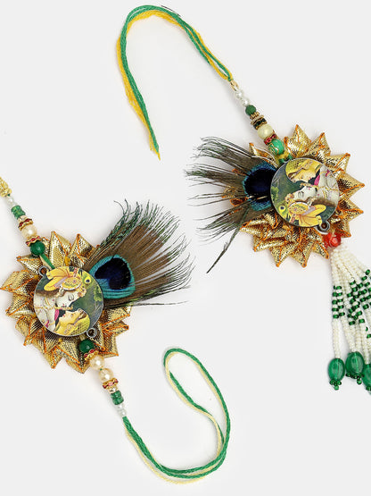 Set Of 2 Green Radha Krishna Beaded Bhaiya Bhabhi Rakhi With Roli Chawal