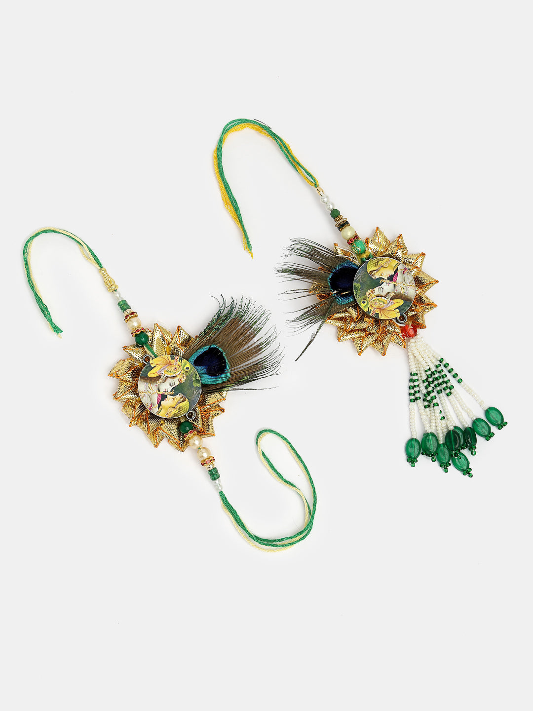 Set Of 2 Green Radha Krishna Beaded Bhaiya Bhabhi Rakhi With Roli Chawal