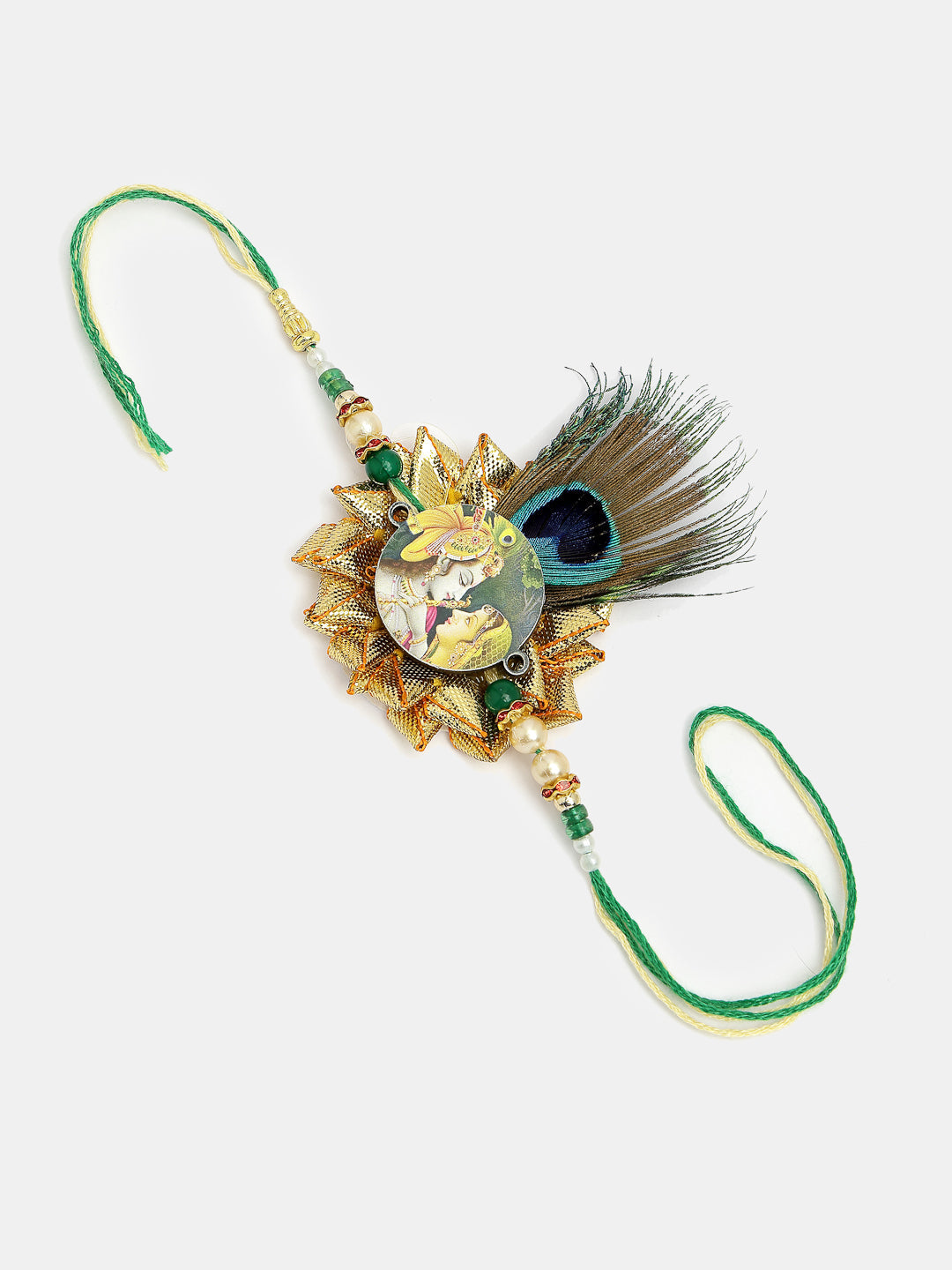 Set Of 2 Green Radha Krishna Beaded Bhaiya Bhabhi Rakhi With Roli Chawal