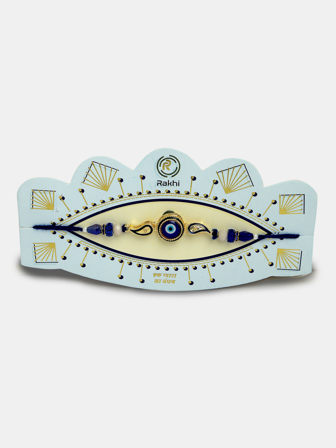 Set Of 2 Blue Evil Eye Beaded Bhaiya Bhabhi Rakhi With Roli Chawal & Chocolate