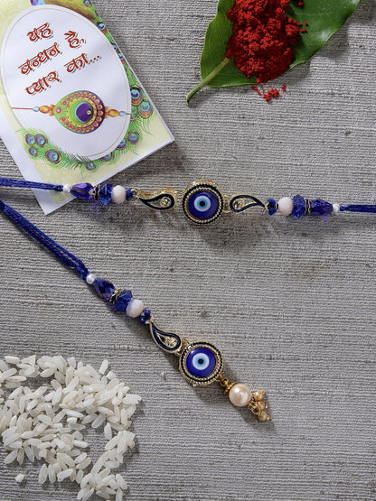 Set Of 2 Blue Evil Eye Beaded Bhaiya Bhabhi Rakhi With Roli Chawal