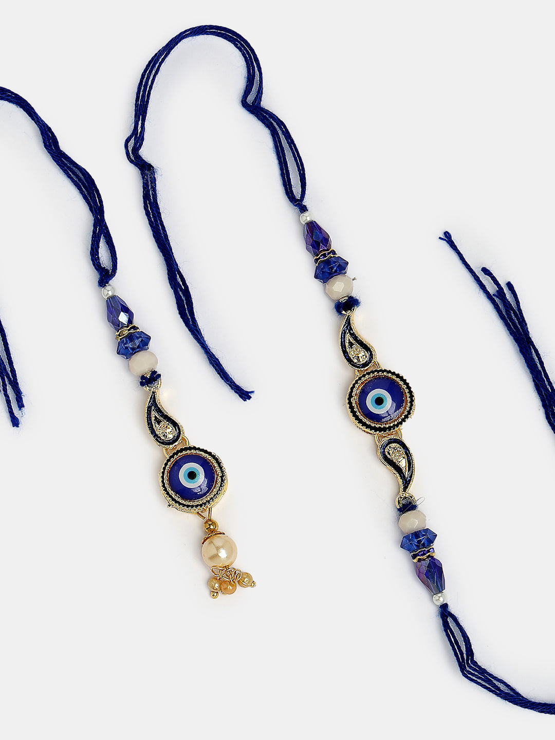 Set Of 2 Blue Evil Eye Beaded Bhaiya Bhabhi Rakhi With Roli Chawal