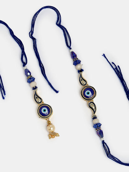 Set Of 2 Blue Evil Eye Beaded Bhaiya Bhabhi Rakhi With Roli Chawal