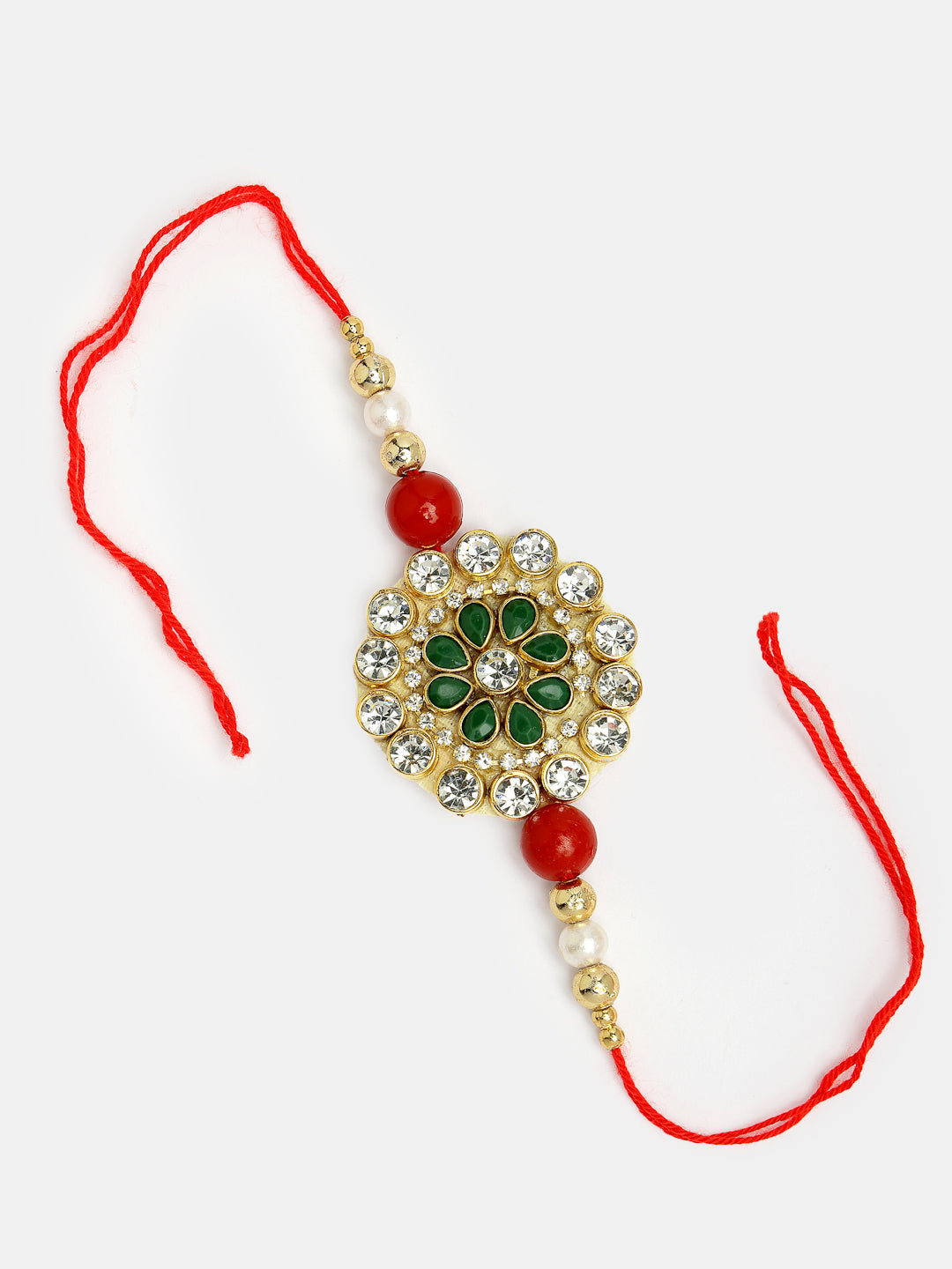 Set Of 2 Red & Gold Toned Stone-Studded & Beaded Bhaiya Bhabhi Rakhi With Roli Chawal & Chocolate