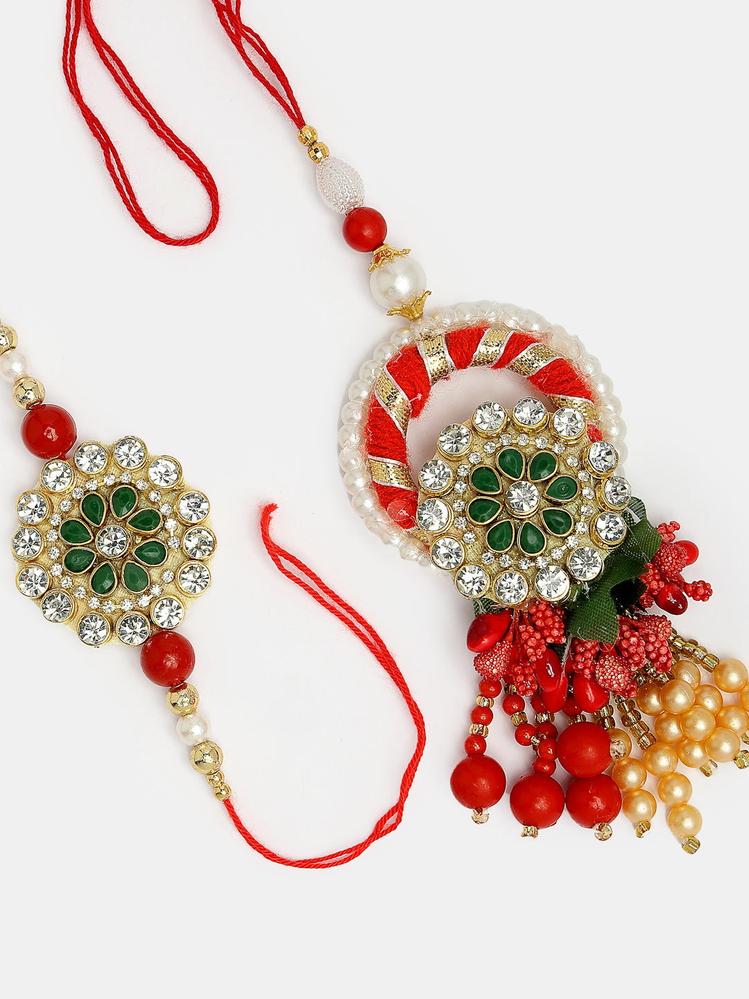 Set Of 2 Red & Gold Toned Stone-Studded & Beaded Bhaiya Bhabhi Rakhi With Roli Chawal & Chocolate