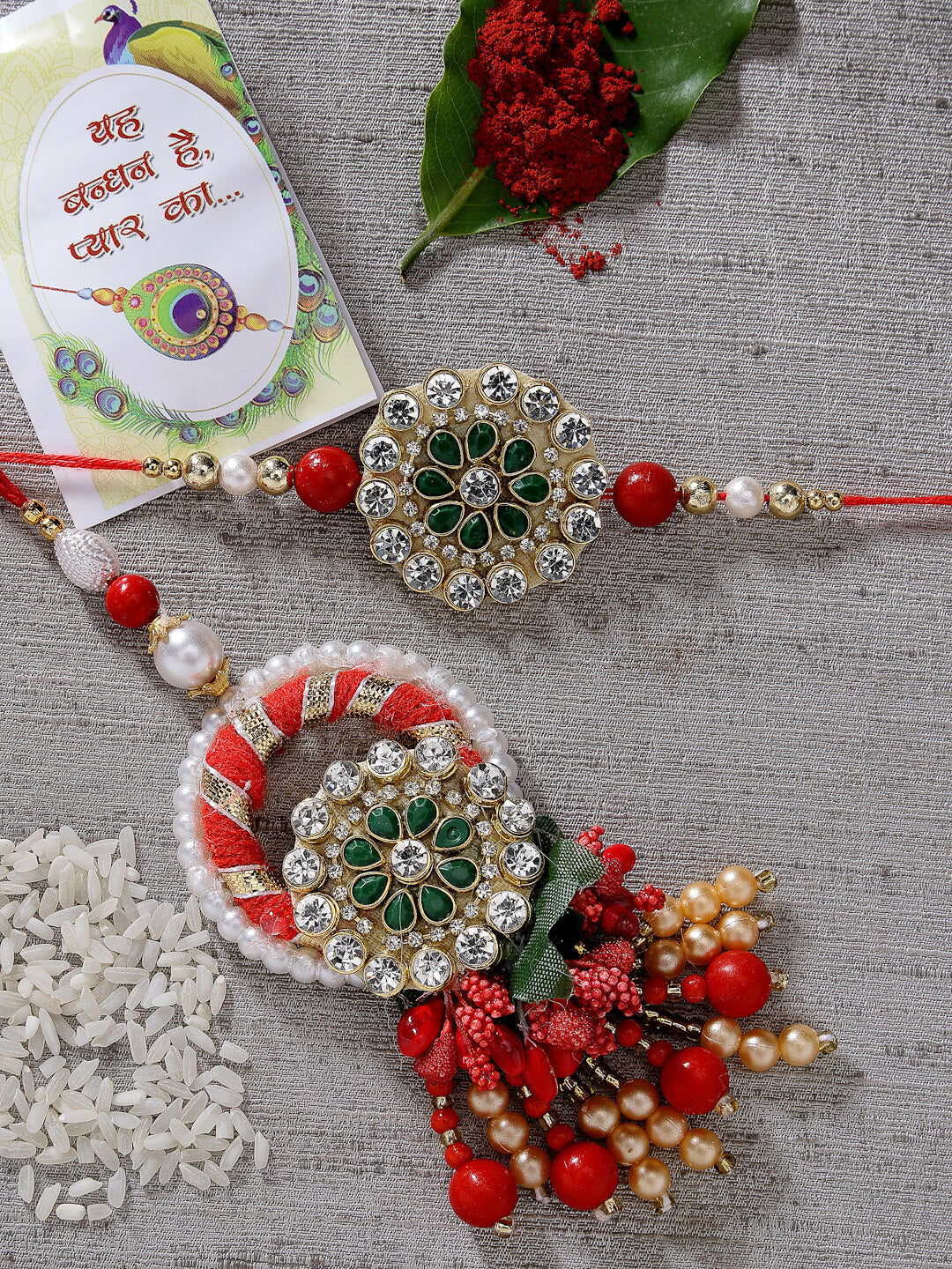 Set Of 2 Red & Gold Toned Stone-Studded & Beaded Bhaiya Bhabhi Rakhi With Roli Chawal