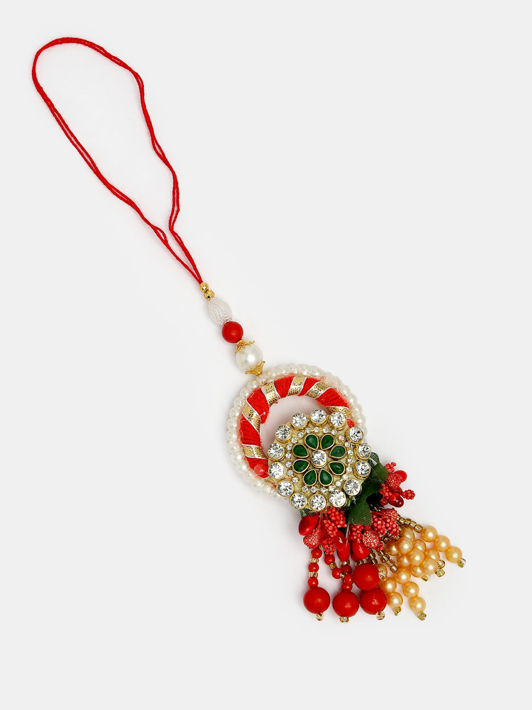 Set Of 2 Red & Gold Toned Stone-Studded & Beaded Bhaiya Bhabhi Rakhi With Roli Chawal