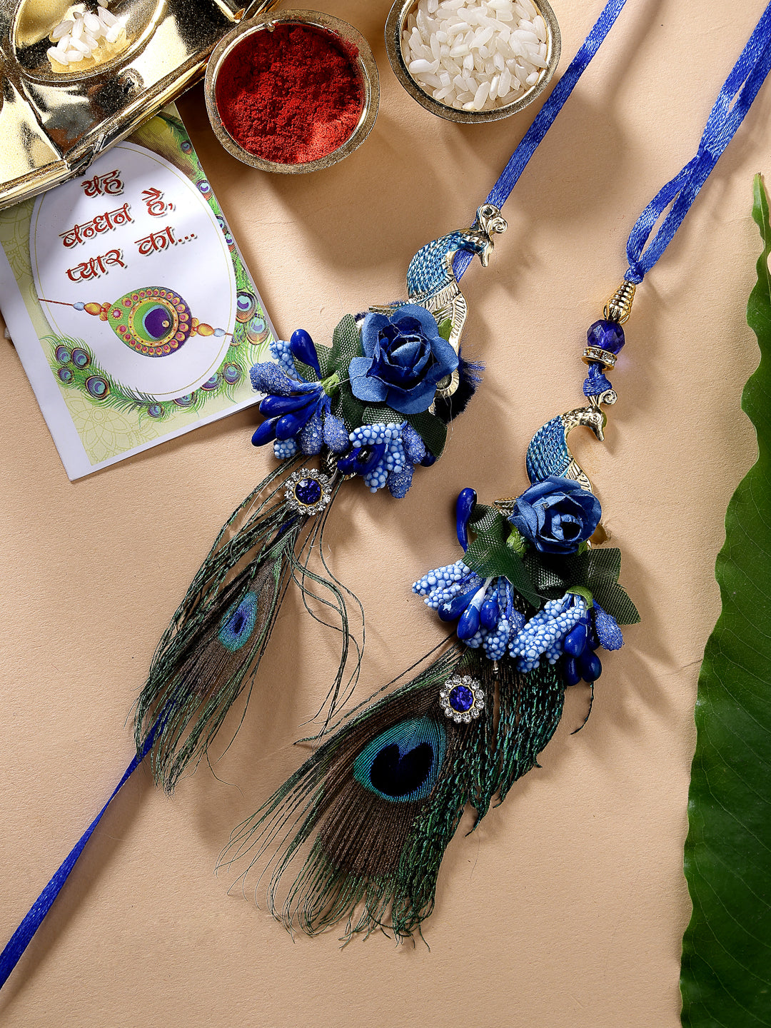 Set Of 2 Blue Peacock Design Bhaiya Bhabhi Rakhi With Roli Chawal