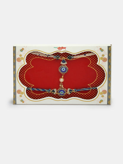 Set Of 2 Blue Evil Eye Bhaiya Bhabhi Rakhi With Roli Chawal & Chocolate