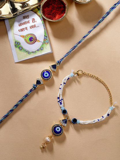 Set Of 2 Blue Evil Eye Bhaiya Bhabhi Rakhi With Roli Chawal