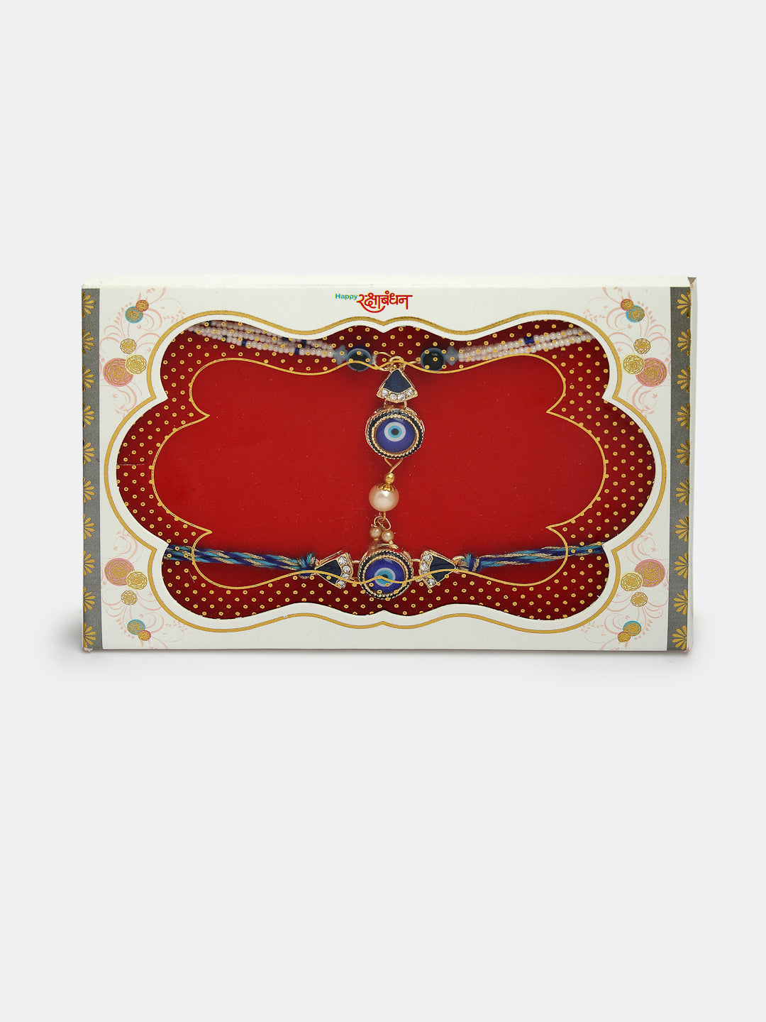 Set Of 2 Blue Evil Eye Bhaiya Bhabhi Rakhi With Roli Chawal
