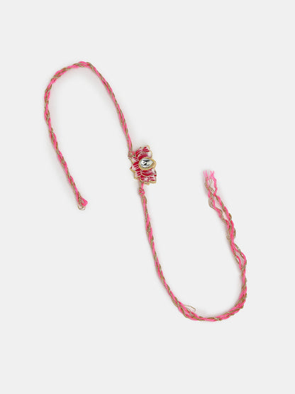 Set Of 2 Pink Lotus Shape Kundan Stone-Studded & Beaded Bhaiya Bhabhi Rakhi With Roli Chawal & Chocolate