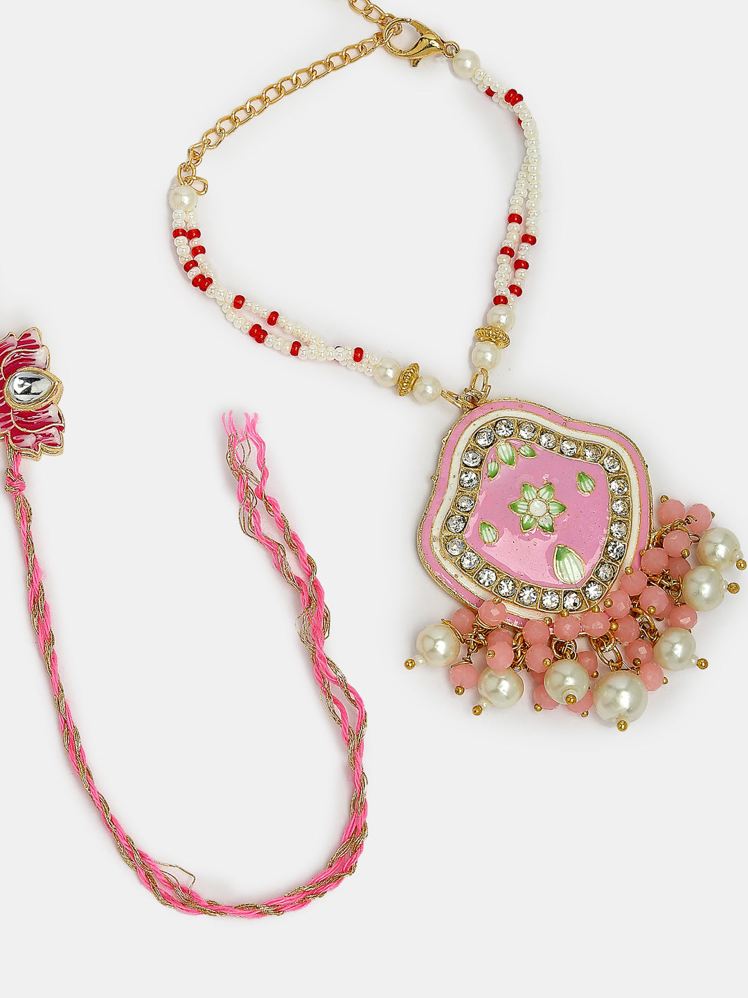 Set Of 2 Pink Lotus Shape Kundan Stone-Studded & Beaded Bhaiya Bhabhi Rakhi With Roli Chawal & Chocolate
