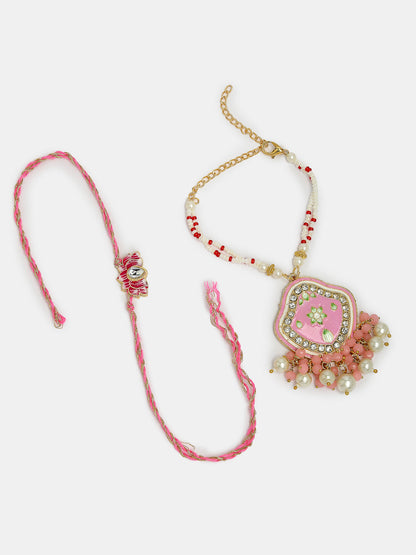 Set Of 2 Pink Lotus Shape Kundan Stone-Studded & Beaded Bhaiya Bhabhi Rakhi With Roli Chawal & Chocolate