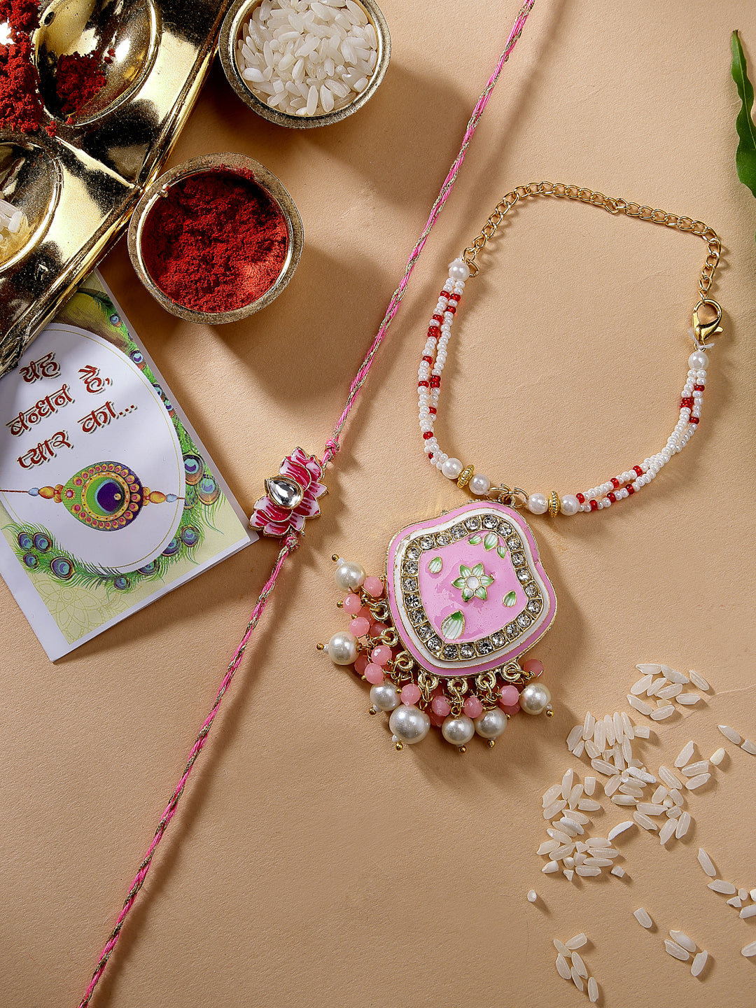 Set Of 2 Pink Lotus Shape Kundan Stone-Studded & Beaded Bhaiya Bhabhi Rakhi With Roli Chawal