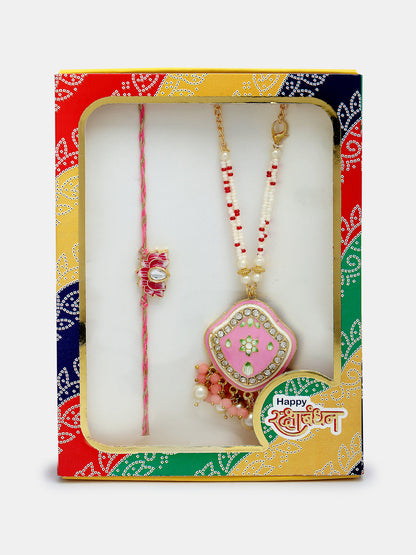 Set Of 2 Pink Lotus Shape Kundan Stone-Studded & Beaded Bhaiya Bhabhi Rakhi With Roli Chawal