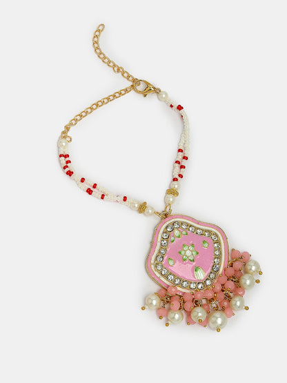Set Of 2 Pink Lotus Shape Kundan Stone-Studded & Beaded Bhaiya Bhabhi Rakhi With Roli Chawal