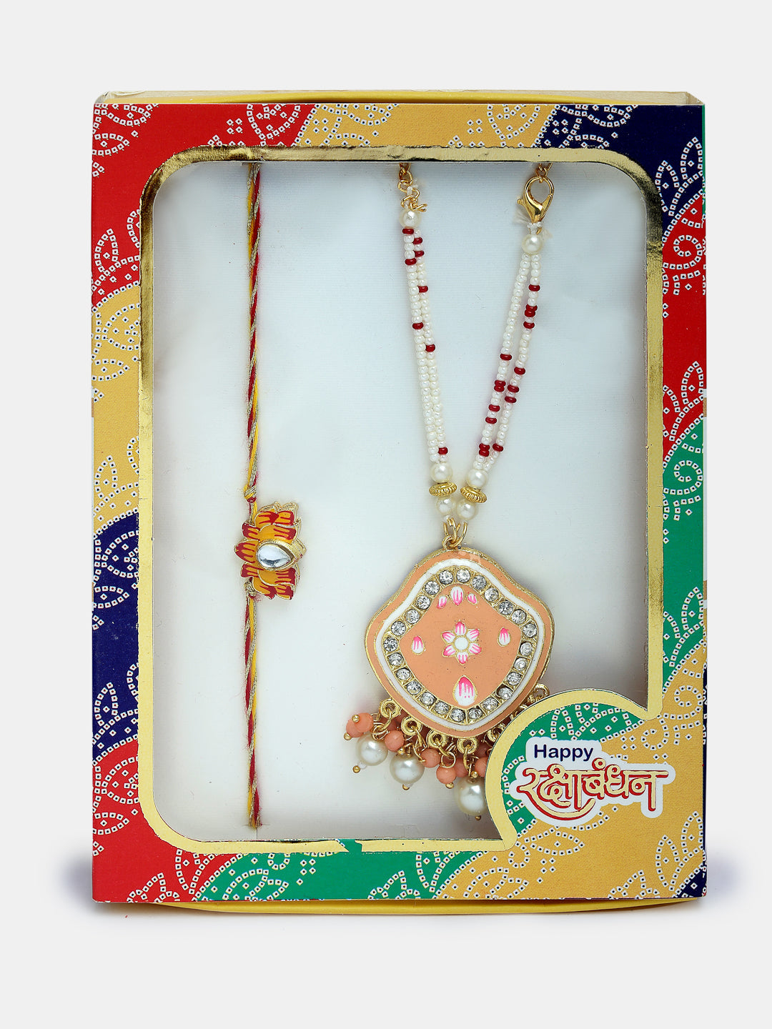 Set Of 2 Peach Lotus Shape Kundan Stone-Studded & Beaded Bhaiya Bhabhi Rakhi With Roli Chawal & Chocolate