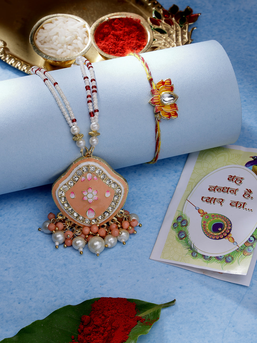 Set Of 2 Peach Lotus Shape Kundan Stone-Studded & Beaded Bhaiya Bhabhi Rakhi With Roli Chawal