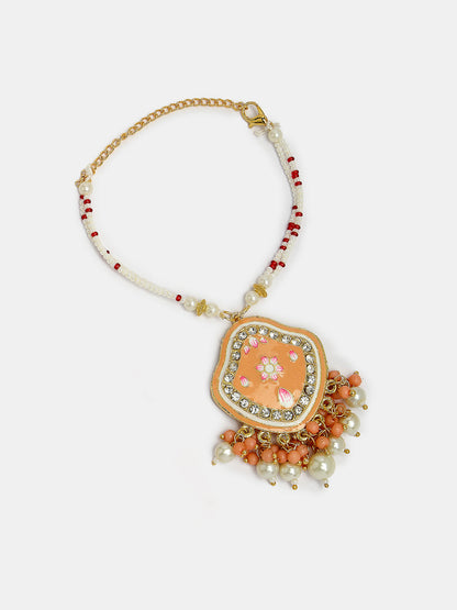 Set Of 2 Peach Lotus Shape Kundan Stone-Studded & Beaded Bhaiya Bhabhi Rakhi With Roli Chawal