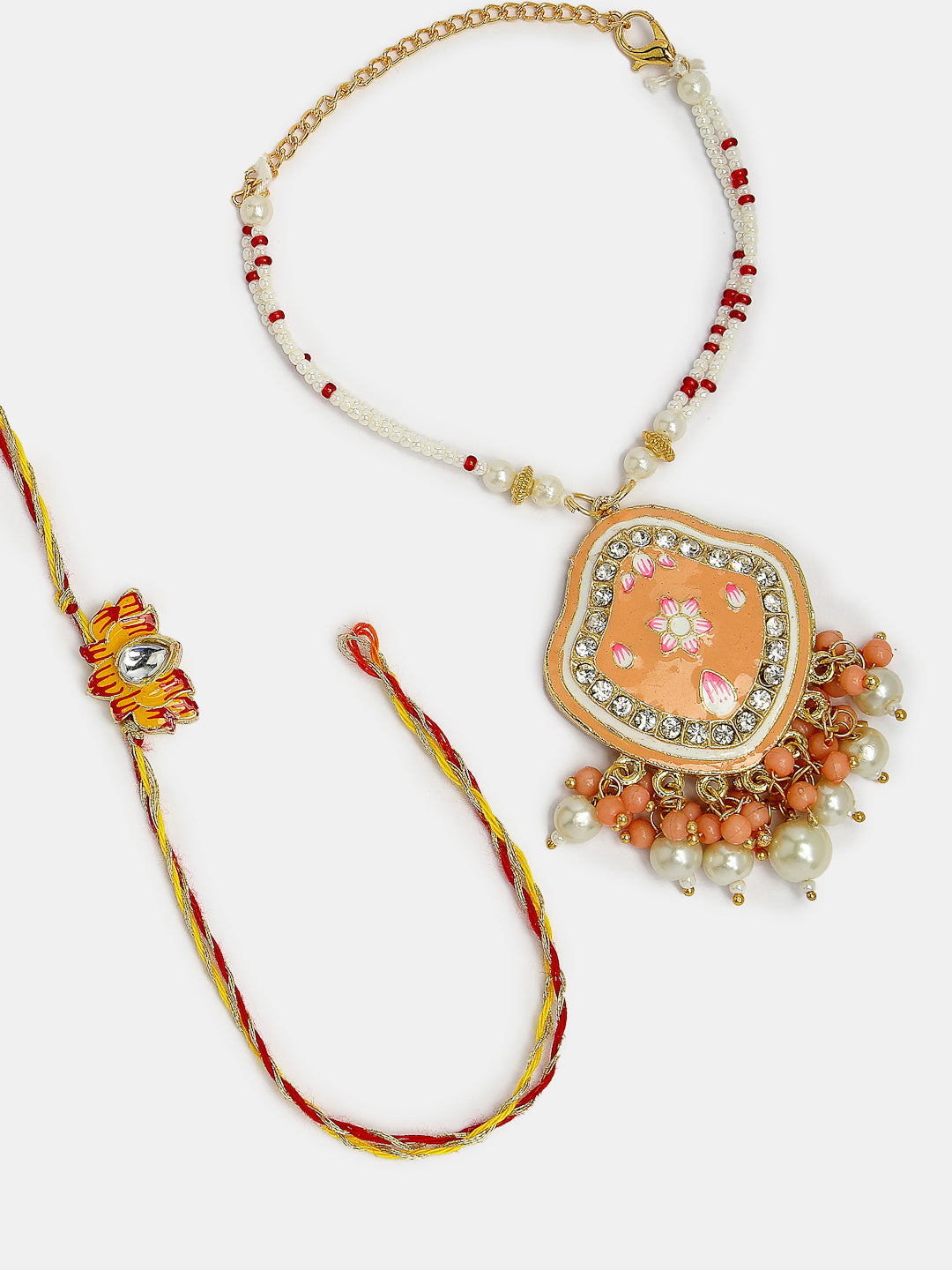 Set Of 2 Peach Lotus Shape Kundan Stone-Studded & Beaded Bhaiya Bhabhi Rakhi With Roli Chawal