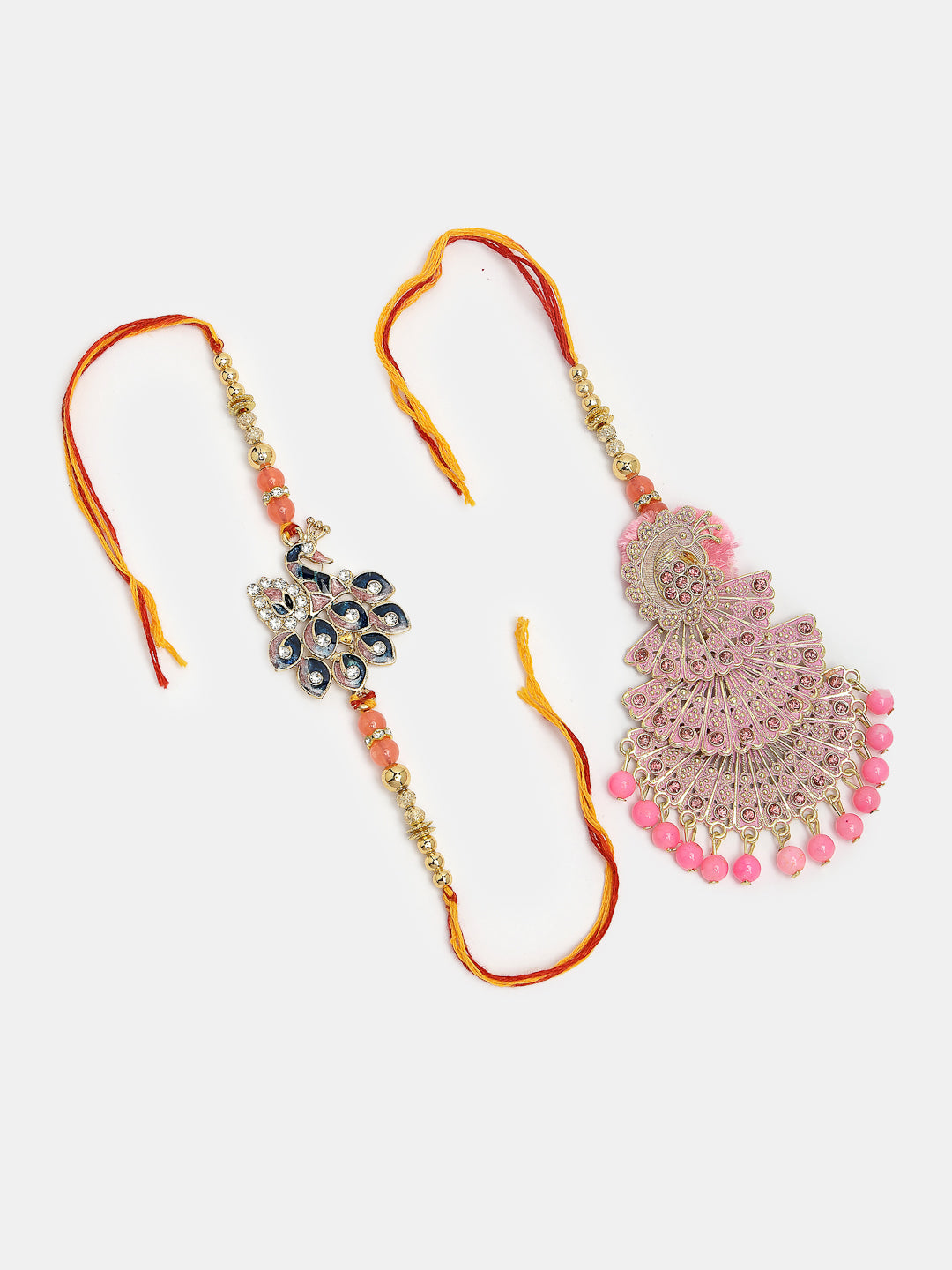 Set Of 2 Multicolor Peacock Design Stone-Studded & Beaded Bhaiya Bhabhi Rakhi With Roli Chawal & Chocolate