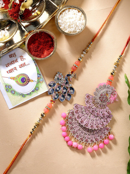 Set Of 2 Multicolor Peacock Design Stone-Studded & Beaded Bhaiya Bhabhi Rakhi With Roli Chawal