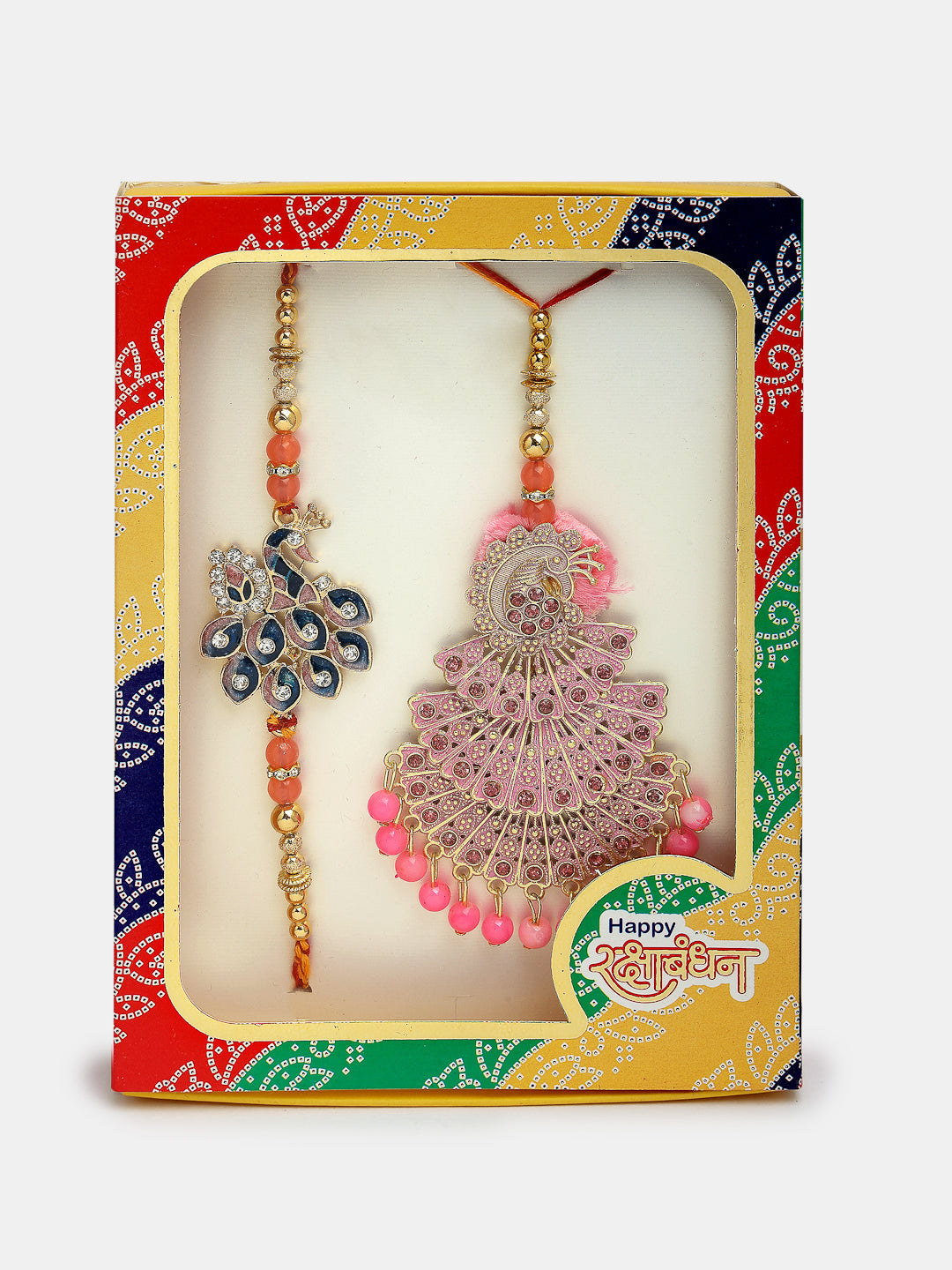 Set Of 2 Multicolor Peacock Design Stone-Studded & Beaded Bhaiya Bhabhi Rakhi With Roli Chawal