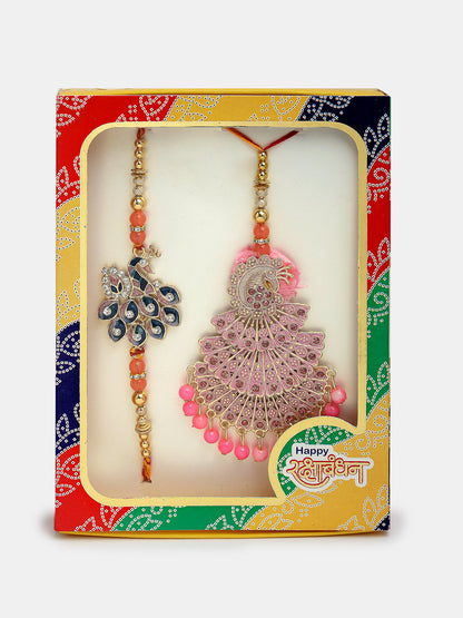 Set Of 2 Multicolor Peacock Design Stone-Studded & Beaded Bhaiya Bhabhi Rakhi With Roli Chawal