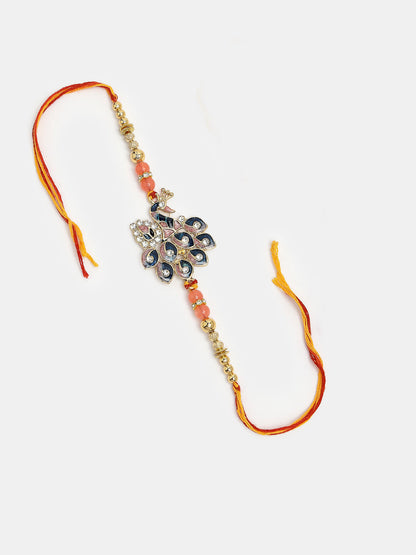 Set Of 2 Multicolor Peacock Design Stone-Studded & Beaded Bhaiya Bhabhi Rakhi With Roli Chawal