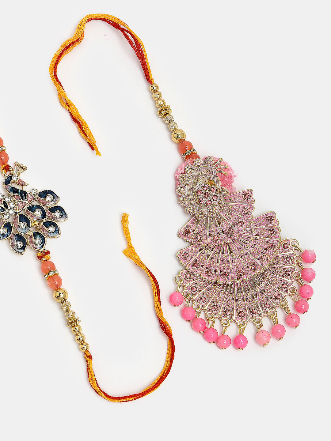 Set Of 2 Multicolor Peacock Design Stone-Studded & Beaded Bhaiya Bhabhi Rakhi With Roli Chawal