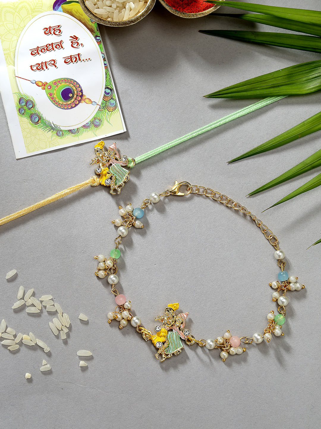 Set Of 2 Multicolor Gold-Toned Radha Krishna Beaded Bhaiya Bhabhi Rakhi With Roli Chawal & Chocolate
