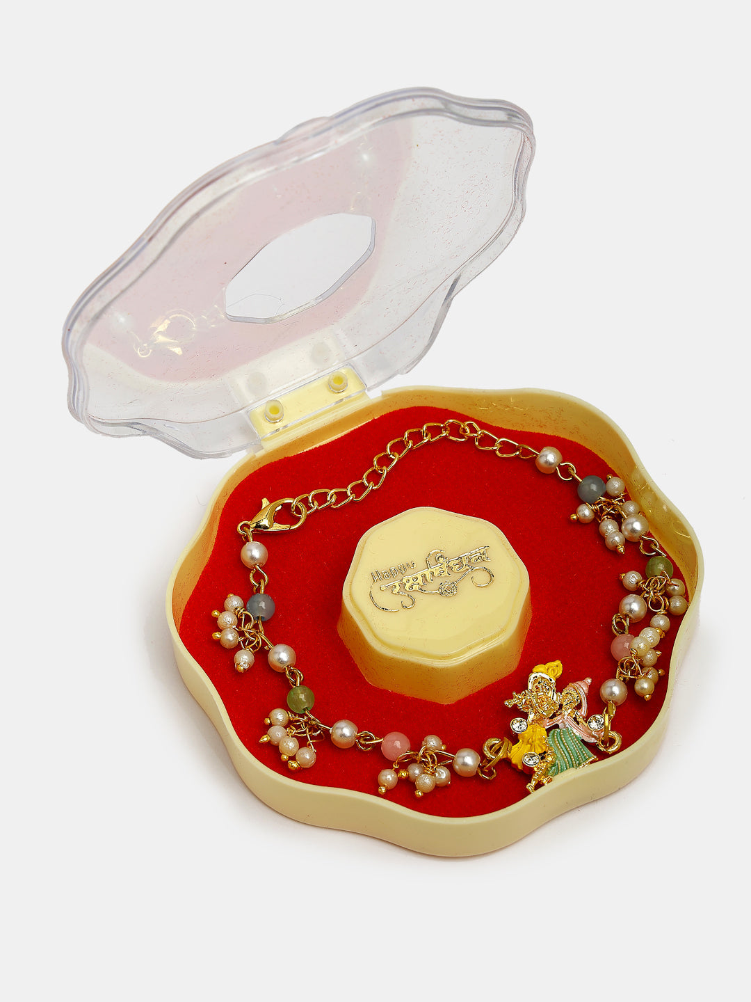 Set Of 2 Multicolor Gold-Toned Radha Krishna Beaded Bhaiya Bhabhi Rakhi With Roli Chawal & Chocolate