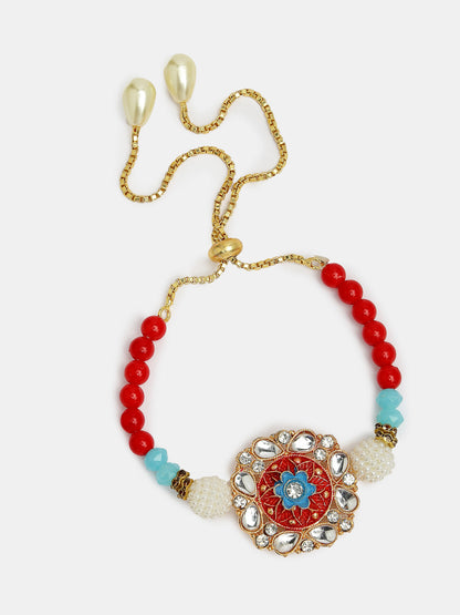 Set Of 2 Red-Colored Stone-Studded & Beaded Bhaiya Bhabhi Rakhi With Roli Chawal & Chocolate