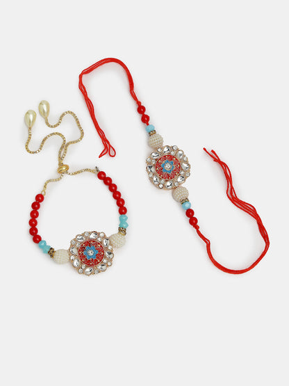 Set Of 2 Red-Colored Stone-Studded & Beaded Bhaiya Bhabhi Rakhi With Roli Chawal & Chocolate
