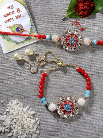 Set Of 2 Red-Colored Stone-Studded & Beaded Bhaiya Bhabhi Rakhi With Roli Chawal