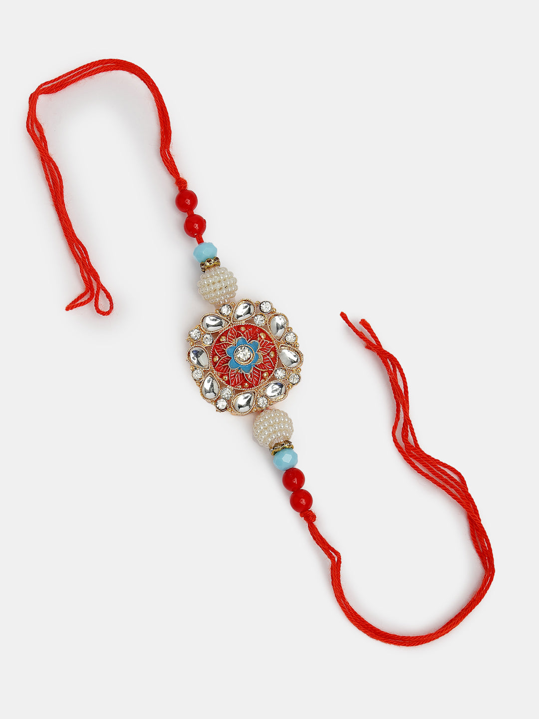 Set Of 2 Red-Colored Stone-Studded & Beaded Bhaiya Bhabhi Rakhi With Roli Chawal