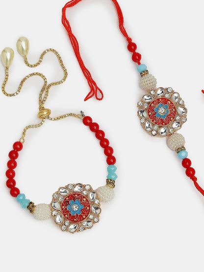 Set Of 2 Red-Colored Stone-Studded & Beaded Bhaiya Bhabhi Rakhi With Roli Chawal