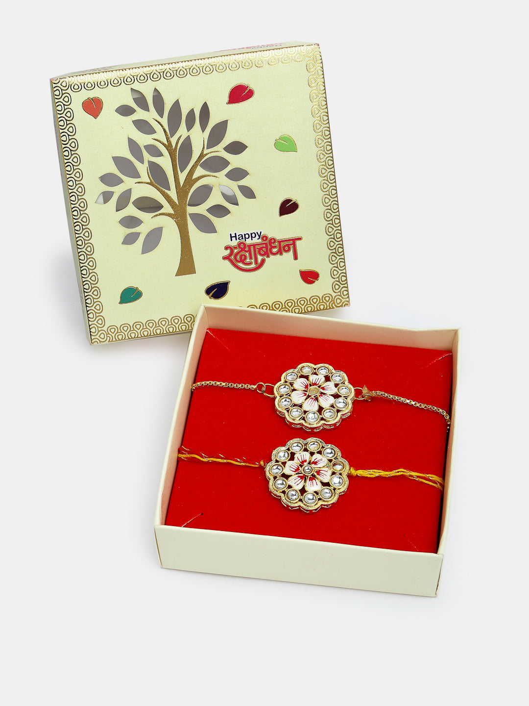 Set Of 2 Gold Kundan-Studded Bhaiya Bhabhi Rakhi Set With Roli Chawal & Chocolate