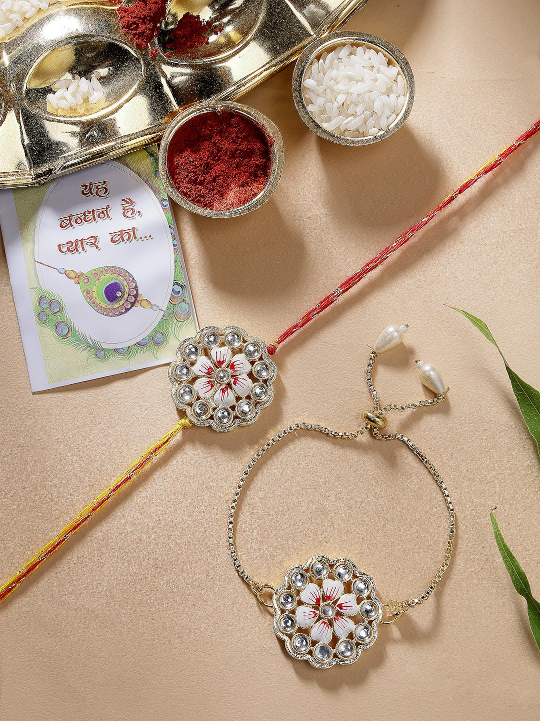 Set Of 2 Gold Kundan-Studded Bhaiya Bhabhi Rakhi Set With Roli Chawal