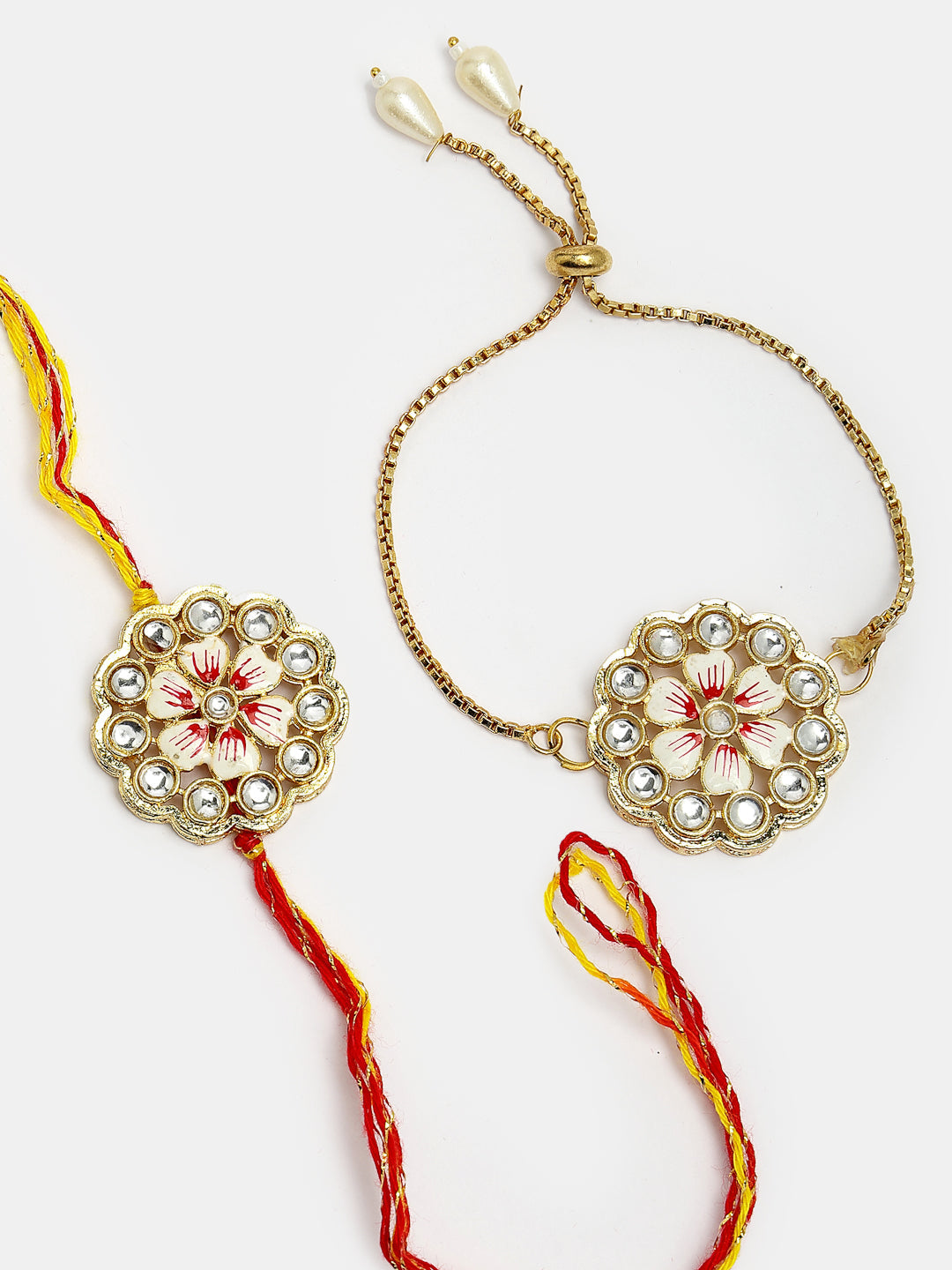 Set Of 2 Gold Kundan-Studded Bhaiya Bhabhi Rakhi Set With Roli Chawal