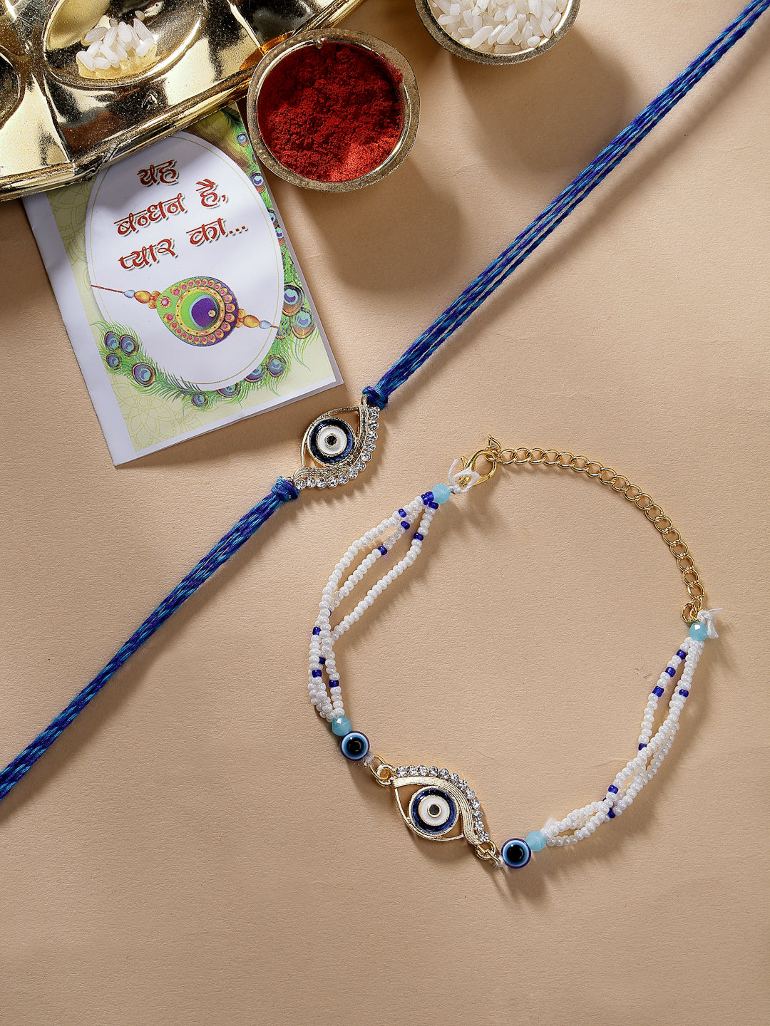 Set Of 2 Blue Evil Eye Bhaiya Bhabhi Rakhi Set With Roli Chawal & Chocolate