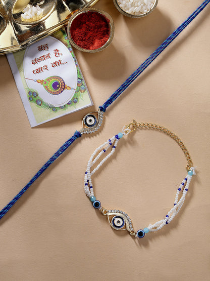Set Of 2 Blue Evil Eye Bhaiya Bhabhi Rakhi Set With Roli Chawal & Chocolate