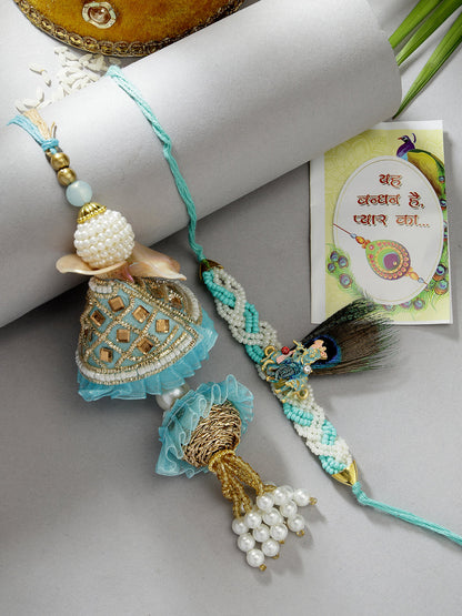 Set Of 2 Blue Krishna Pearl Bhaiya Bhabhi Rakhi With Roli Chawal