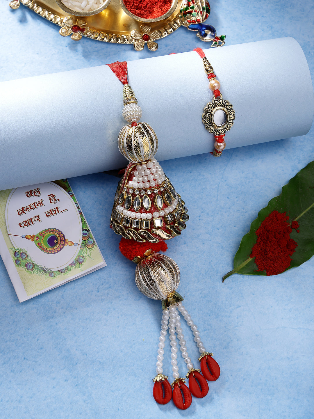 Set Of 2 Gold & Red Kundan-Studded Bhaiya Bhabhi Rakhi With Roli Chawal & Chocolate