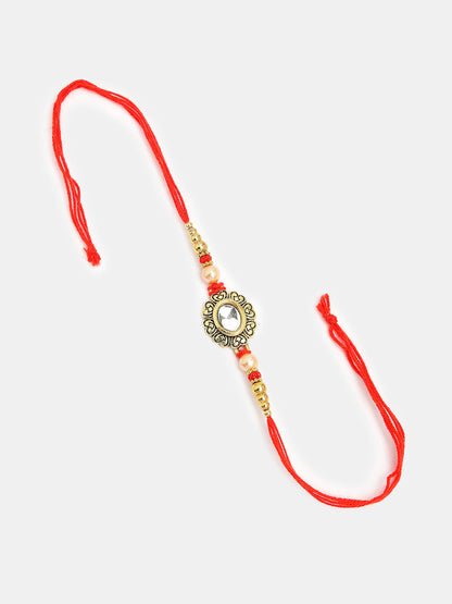Set Of 2 Gold & Red Kundan-Studded Bhaiya Bhabhi Rakhi With Roli Chawal & Chocolate